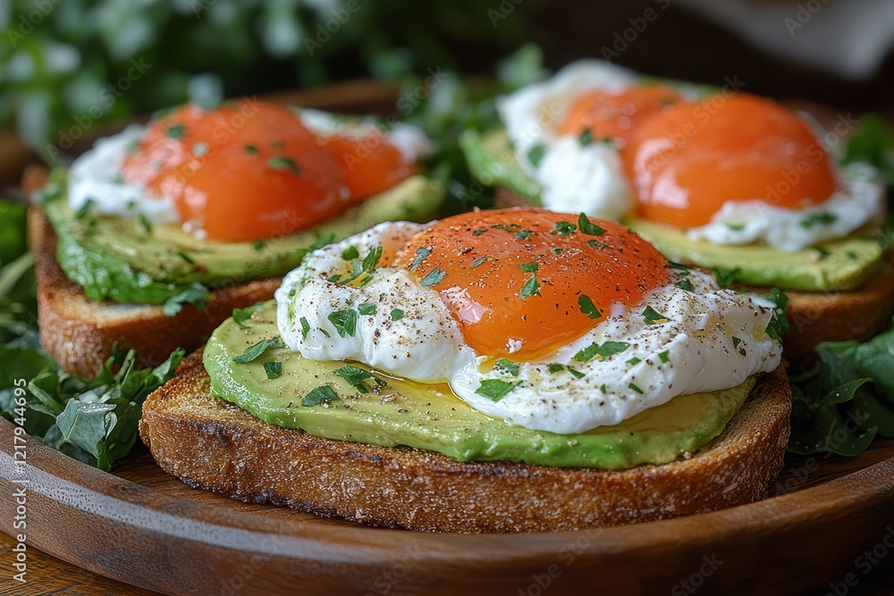 Delicious toast topped with avocado, poached eggs, and fresh greens on a rustic wooden plate Delicious toast topped with avocado, poached eggs, and fresh greens on a rustic wooden plate