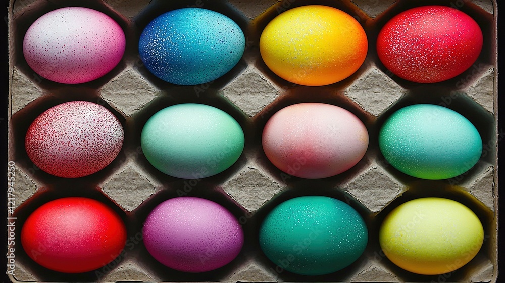 A carton with various colored eggs in it A carton with various colored eggs in it