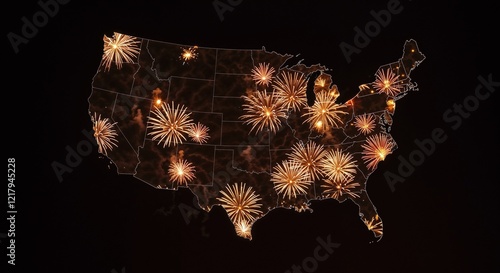 Silhouette map of the USA with bright fireworks explosion overlay on a dark background