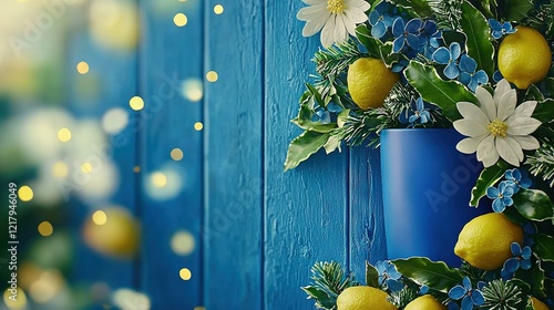   A blue vase holding lemons & flowers sits by a blue wall with yellow-white flowers