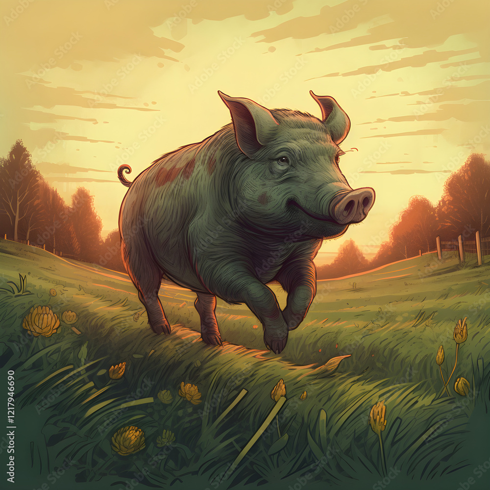 Fototapeta premium Fröhliches Schwein auf Wiese bei Sonnenuntergang - KI generiert