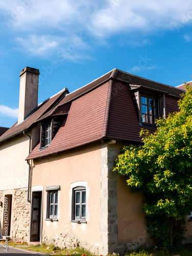 An old village house against a blue sky in autumn photo