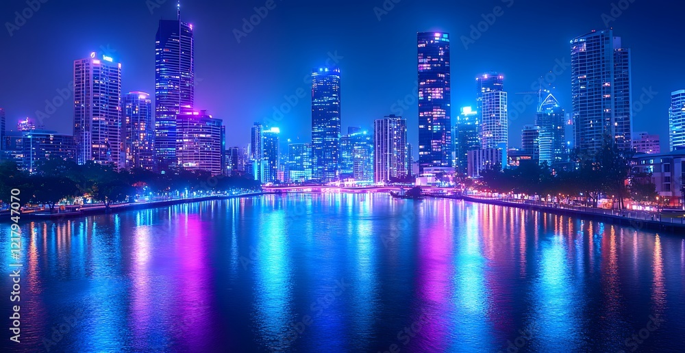 Naklejka premium Vibrant city skyline at night reflecting on water with colorful lights and serene atmosphere