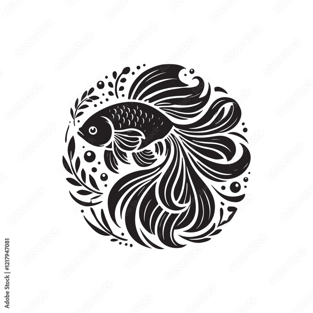 Naklejka premium Black Color Goldfish silhouette design Vector Illustration, Solid White Background (9).eps
