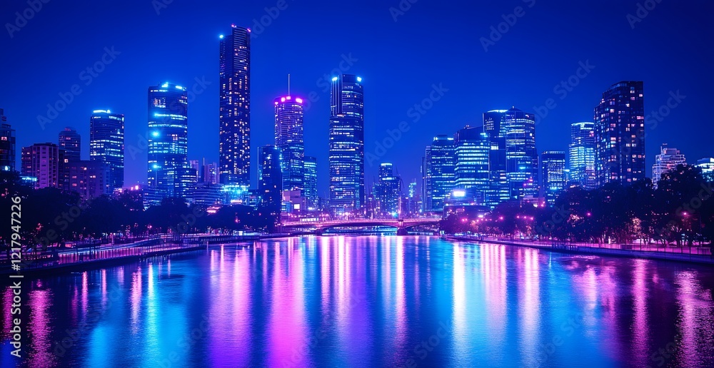 Naklejka premium Vibrant city skyline at night with illuminated buildings reflecting on the river