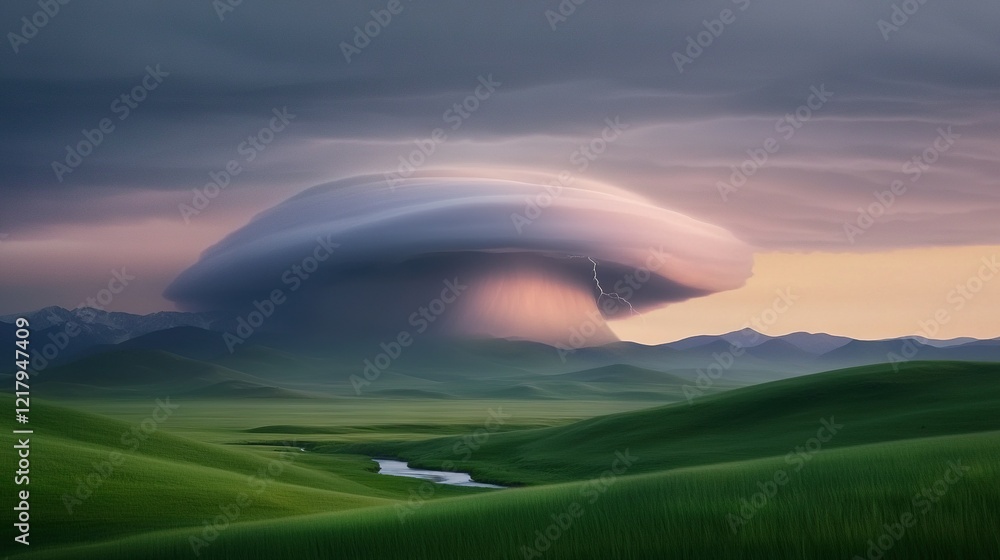 A vast painting portrays a towering object amidst a verdant field, with majestic mountains in the distance and a meandering river upfront A vast painting portrays a towering object amidst a verdant field, with majestic mountains in the distance and a meandering river upfront