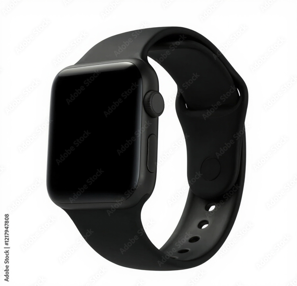 modern smartwatch with a sleek black strap, displayed at an angle on a clean white backdrop to emphasize its digital display modern smartwatch with a sleek black strap, displayed at an angle on a clean white backdrop to emphasize its digital display