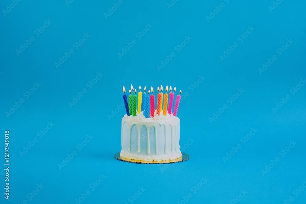Small Birthday Cake with Colorful Candles on Blue Background Small Birthday Cake with Colorful Candles on Blue Background