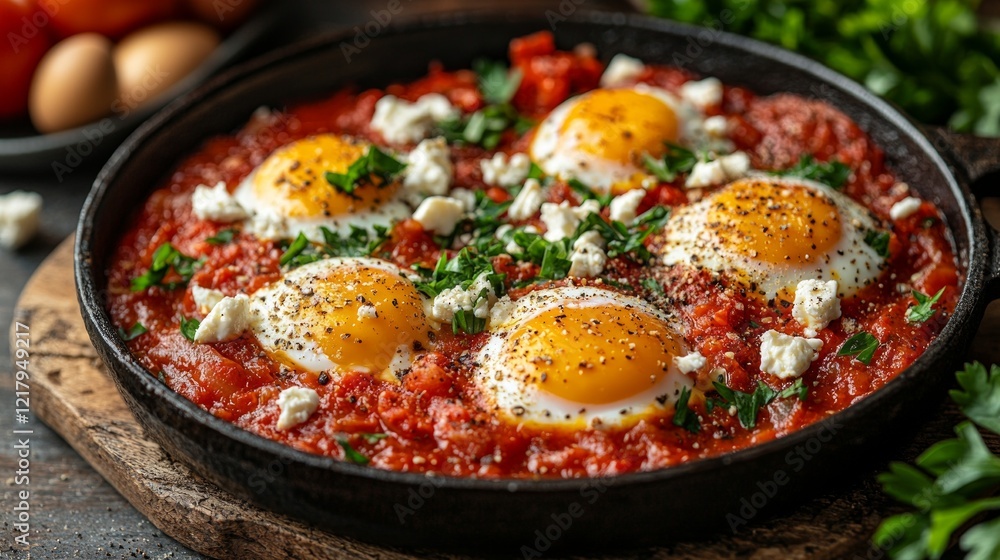 Close up shot highlights shakshuka poached eggs nestled in vibrant tomato sauce garnished parsley and feta showcasing its colors and textures beautifully. Close up shot highlights shakshuka poached eggs nestled in vibrant tomato sauce garnished parsley and feta showcasing its colors and textures beautifully.