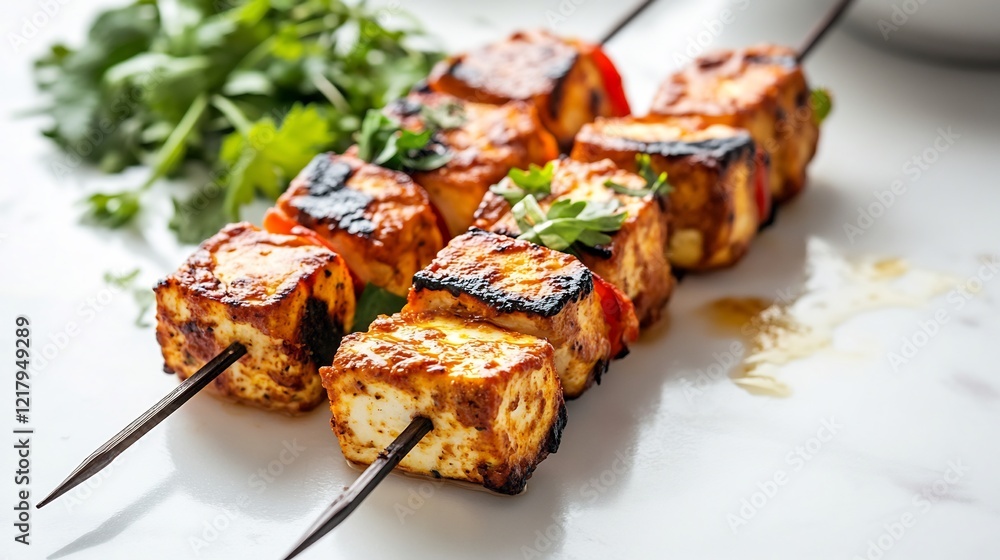 Paneer tikka skewers placed a clean white surface with garnishes visible