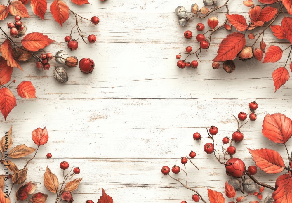 Vibrant Autumn Leaves and Berries on Wooden Background Perfect for Seasonal Decor, Invitations, and Artistic Designs Celebrating Fall and Nature's Beauty Vibrant Autumn Leaves and Berries on Wooden Background Perfect for Seasonal Decor, Invitations, and Artistic Designs Celebrating Fall and Nature's Beauty