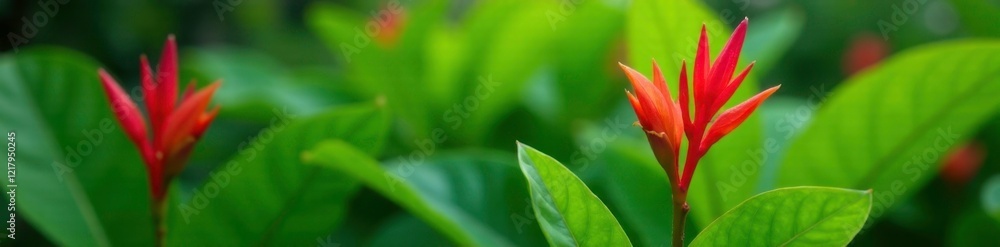 Garden plantain plant with bright green leaves and red flowers, garden plantain, heliconia bihai, nature Garden plantain plant with bright green leaves and red flowers, garden plantain, heliconia bihai, nature