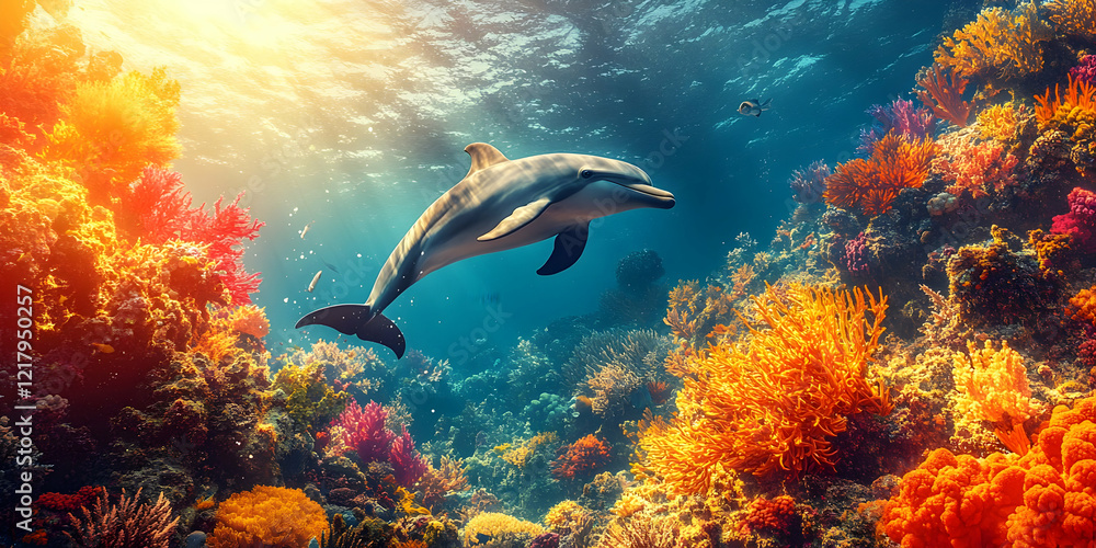 Dolphin swims vibrant coral reef, sunlit ocean Dolphin swims vibrant coral reef, sunlit ocean