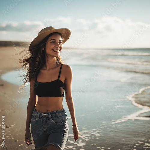 A happy woman strolling along a sunny beach, capturing the essence of carefree summer days. photo