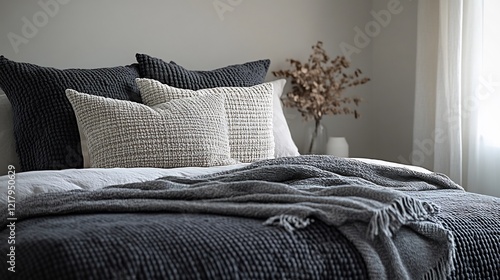 Soft gray textured bedding calmly rests on bed inviting peaceful slumber.. AI Generated photo