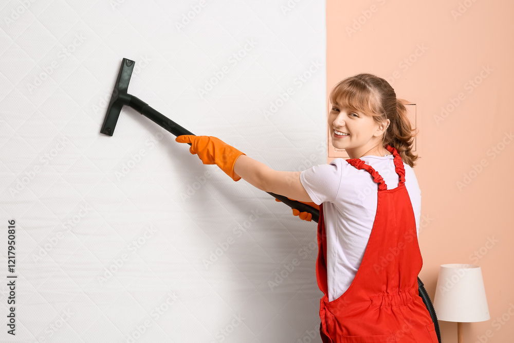 Female janitor cleaning mattress with vacuum cleaner in bedroom Female janitor cleaning mattress with vacuum cleaner in bedroom