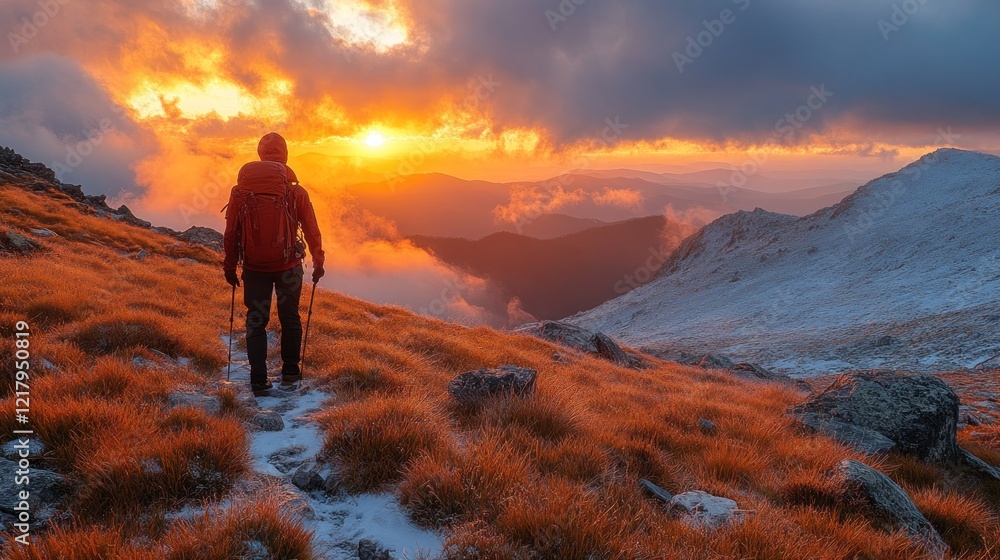 A hiker walks towards a sunset on a mountain path with snow and orange grass in the foreground A hiker walks towards a sunset on a mountain path with snow and orange grass in the foreground