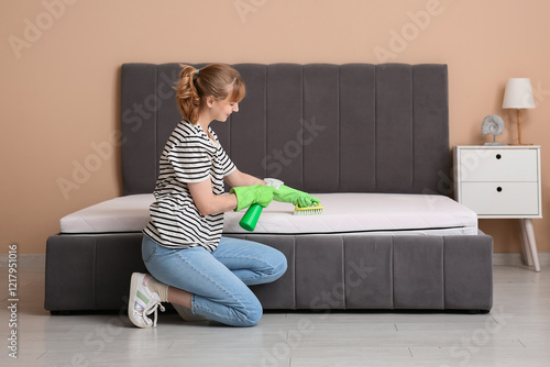 Young woman cleaning mattre...