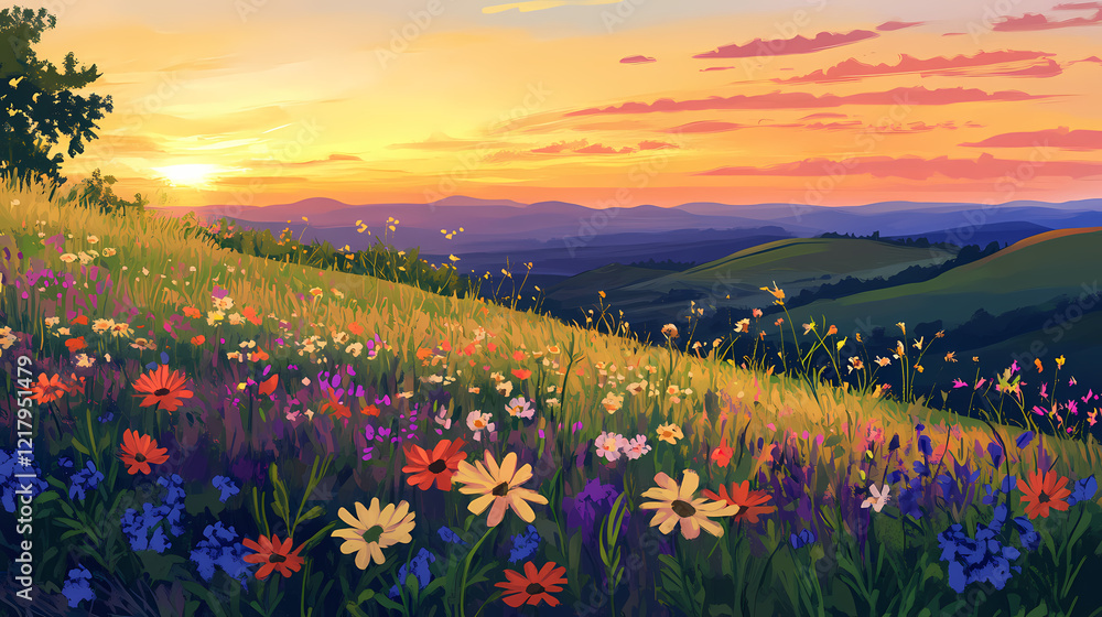 Obraz premium A vibrant field of wildflowers dances beneath a summer sunset, with rolling hills fading into the distant horizon. Vibrant Prairie. Illustration