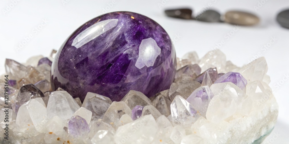 Stunning amethyst crystal resting on a display of clear quartz in a serene indoor setting illuminated by soft lighting Stunning amethyst crystal resting on a display of clear quartz in a serene indoor setting illuminated by soft lighting