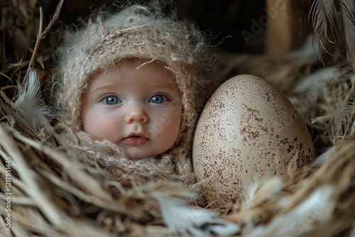 In whimsical setting baby peeks out from large egg nestled in cozy nest filled soft feathers illuminated gentle natural light enhances charm of scene. photo