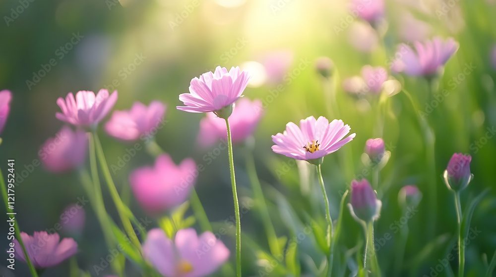 Fototapeta premium Pink cosmos flowers sunset garden blossom