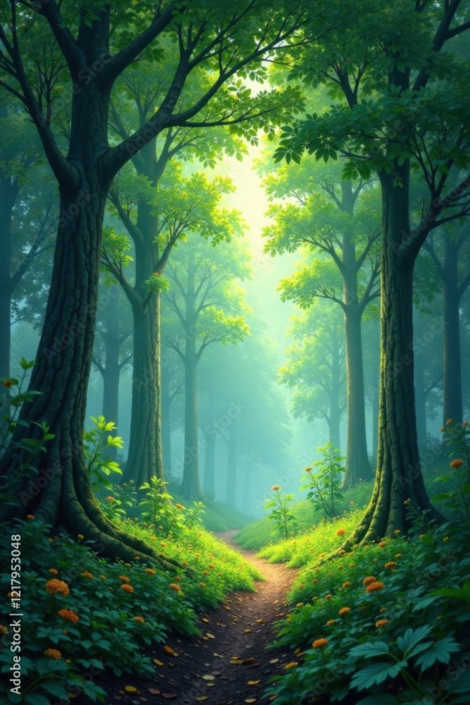 Naklejka premium Gentle breeze rustles through a cloud-draped forest, serenity, foliage