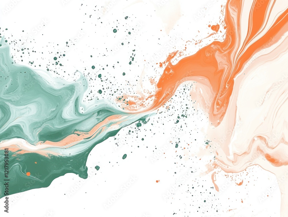 Abstract fluid art with organic forms, swirls and spots in orange and green tones creating an interesting blend Abstract fluid art with organic forms, swirls and spots in orange and green tones creating an interesting blend