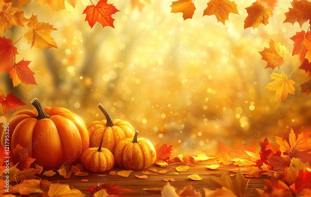 Vibrant Autumn Scene with Pumpkins Surrounded by Colorful Maple Leaves in a Dreamy Soft Focus Background Evoking a Cozy Seasonal Atmosphere Vibrant Autumn Scene with Pumpkins Surrounded by Colorful Maple Leaves in a Dreamy Soft Focus Background Evoking a Cozy Seasonal Atmosphere