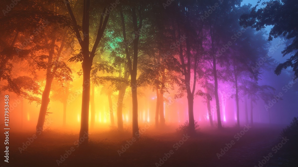 Obraz premium Enchanting misty forest landscape with silhouetted trees bathed in a mystical otherworldly glow of vibrant colorful light An ethereal dreamlike scene of natural tranquility and supernatural ambiance