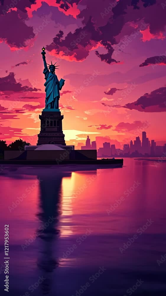 Sunset over Statue of Liberty with New York skyline in the background Sunset over Statue of Liberty with New York skyline in the background