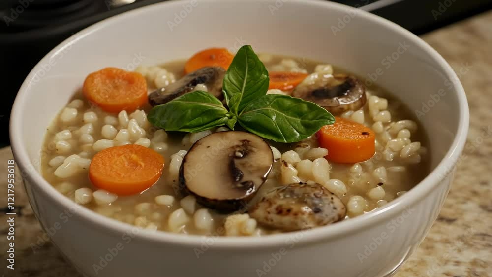 Warm and hearty barley soup with carrots and mushrooms served in a white bowl Warm and hearty barley soup with carrots and mushrooms served in a white bowl
