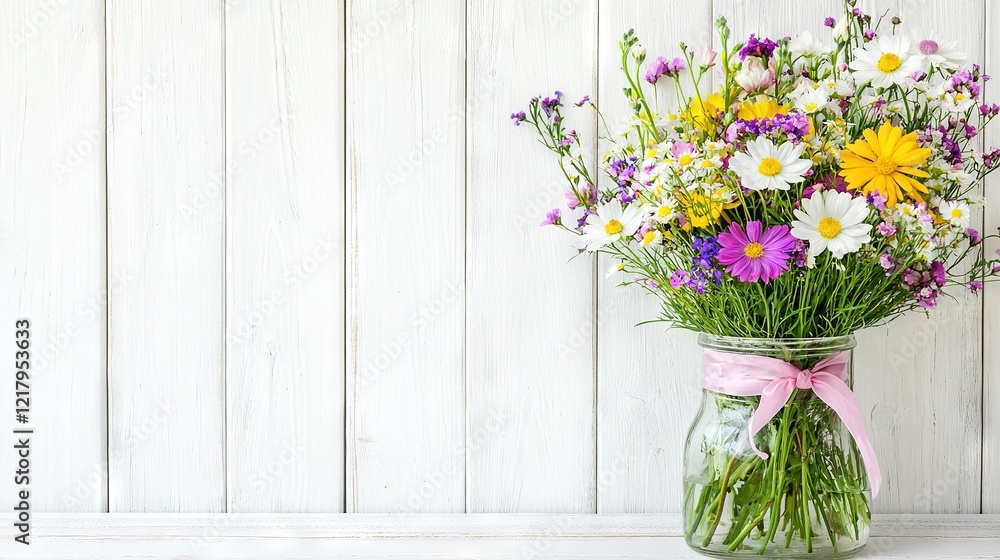 Fototapeta premium A bouquet of wildflowers in a mason jar with a pink ribbon on top