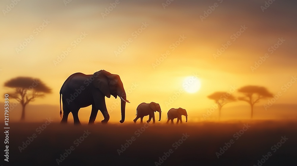 Fototapeta premium Elephants on grass, orange-yellow sky