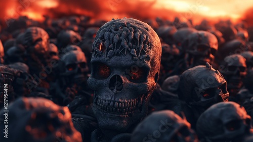 Intricate skulls emerge from a fiery landscape symbolizing themes of life and death in a surreal environment photo