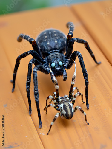 A large black spider sits atop a wooden table, its eight legs extended Nearby, another spider assumes a backleg stance photo