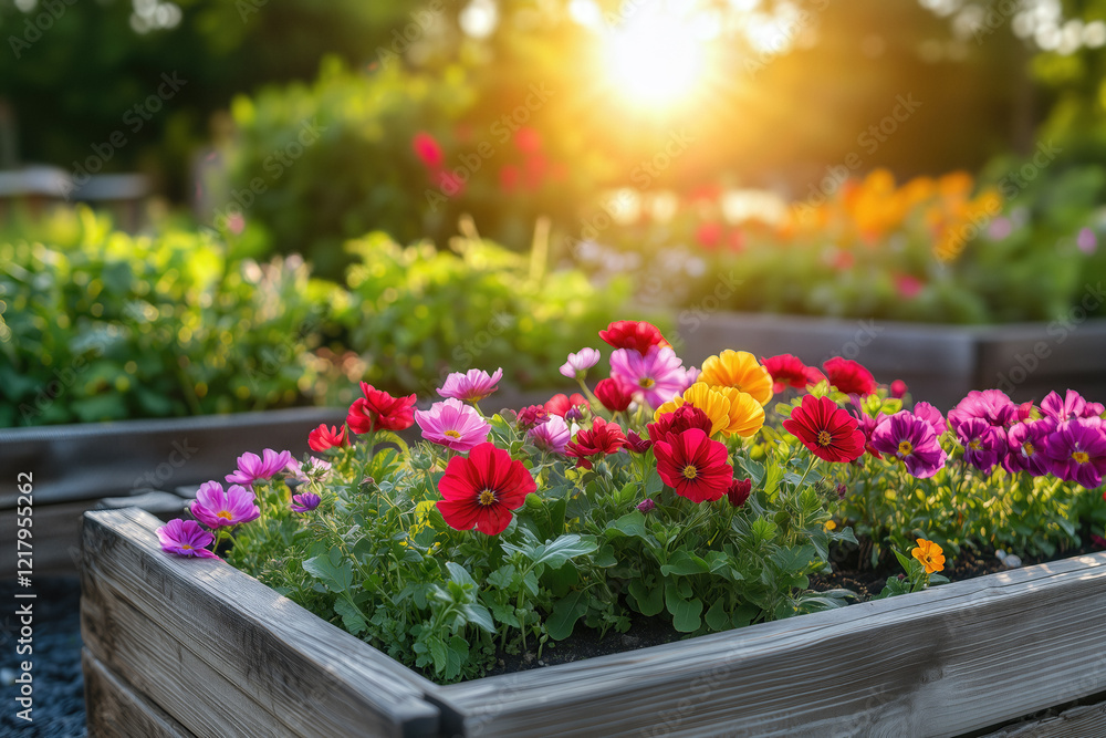 Fototapeta premium Colorful flowers are growing in a raised garden bed, illuminated by the warm glow of the setting sun, creating a vibrant and peaceful scene