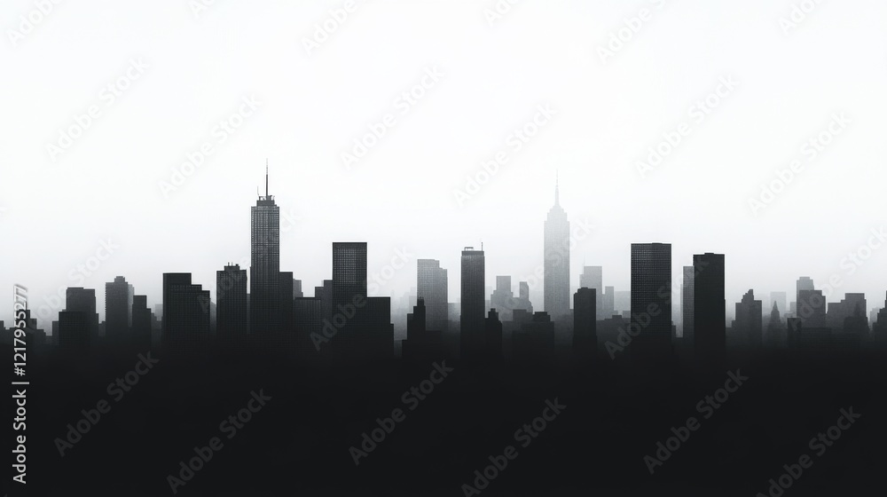 Naklejka premium Silhouette of a city skyline at dusk, featuring iconic buildings against a foggy backdrop