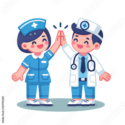 Cheerful Doctor and Nurse High Five Teamwork Celebration Illustration