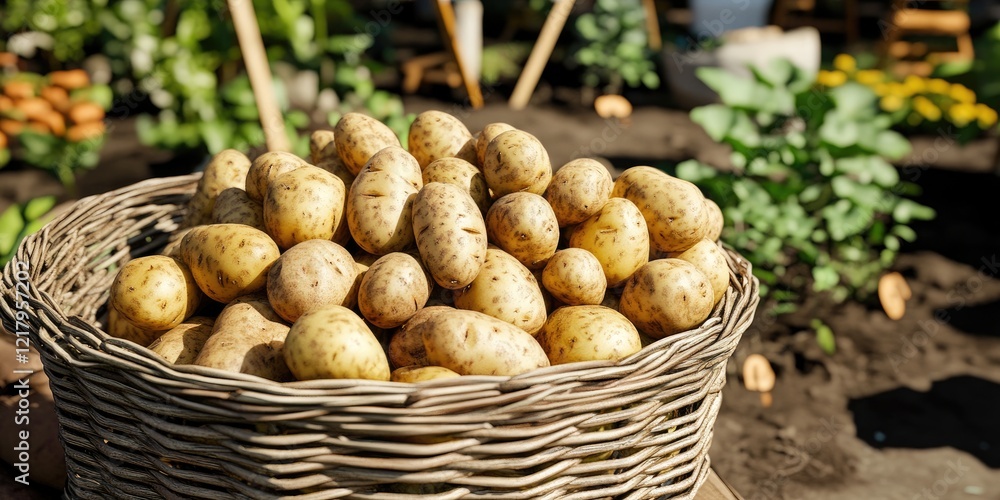 Fresh potatoes in wicker basket, garden harvest Fresh potatoes in wicker basket, garden harvest