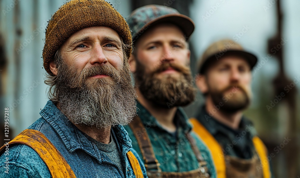 Three Bearded Men in Work Gear Three Bearded Men in Work Gear