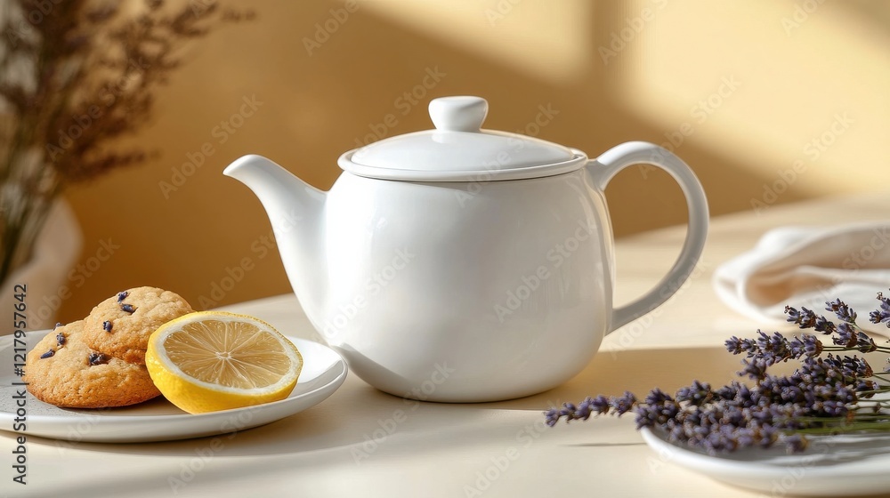 Modern white ceramic teapot with lemon and cookies on a light-colored table adorned with lavender and natural sunlight Modern white ceramic teapot with lemon and cookies on a light-colored table adorned with lavender and natural sunlight