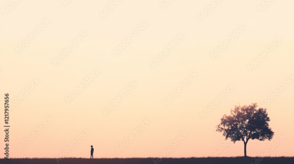 Obraz premium A solitary figure stands in a vast field at sunset, with a single tree silhouetted against the sky