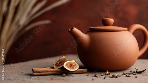 Rustic terracotta teapot surrounded by fresh figs and fragrant cinnamon on a textured surface