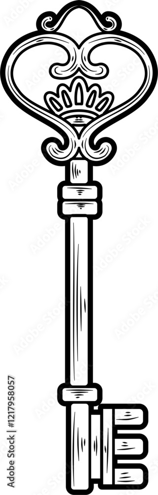 Fototapeta premium Key with crown engraving style hand drawn vector