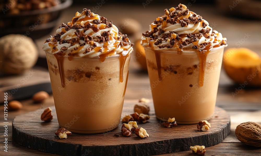 Two Iced Caramel Coffee Drinks Topped with Whipped Cream and Nuts Two Iced Caramel Coffee Drinks Topped with Whipped Cream and Nuts