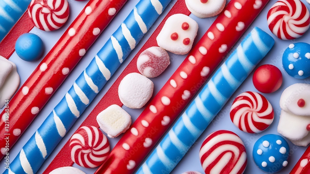 Fototapeta premium Red white blue candy stripes playfully arranged vibrant flatlay. AI Generated