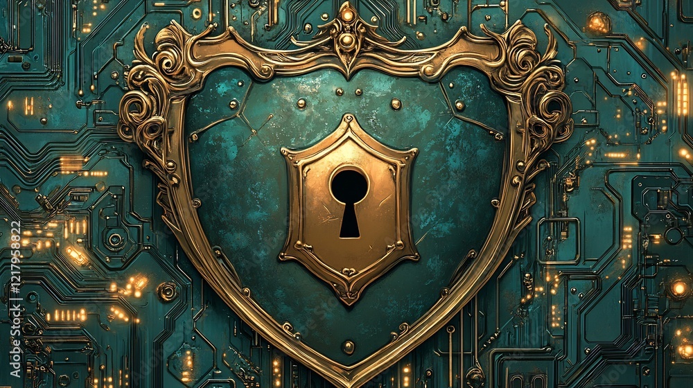 Fototapeta premium Ornate teal shield secures digital data glowing circuit board background. AI Generated