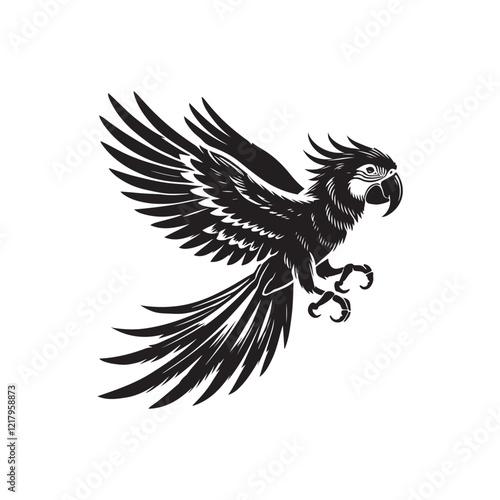 Black Color Macaw silhouette design Vector Illustration, Solid White Background (19).eps