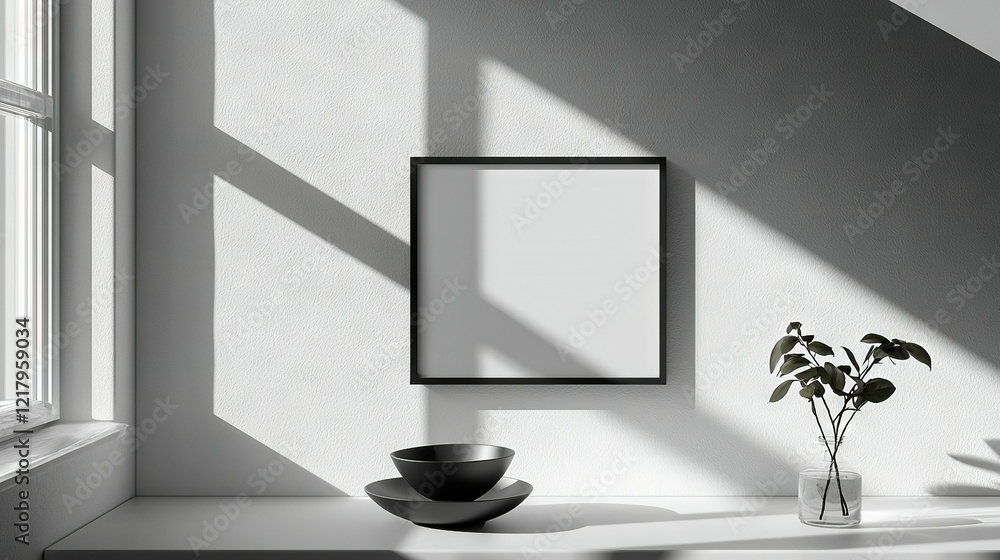 Fototapeta premium A B&W image of a vase with a plant inside and a hanging picture frame on the wall
